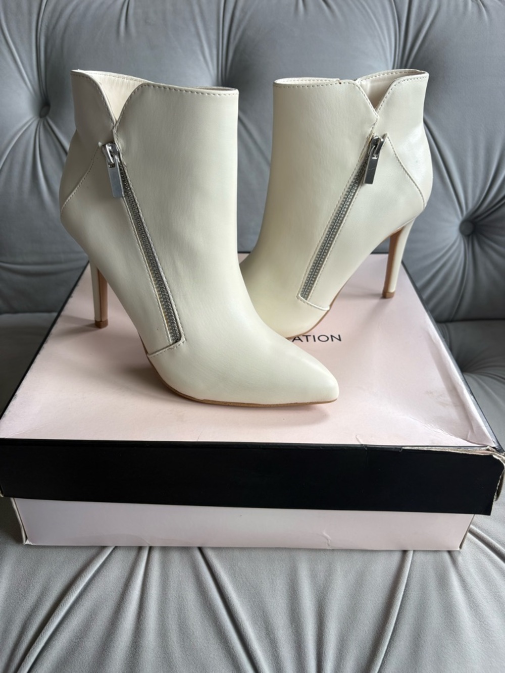 BCBGeneration Cream Pointed-Toe Leather Ankle Booties with Side Zipper